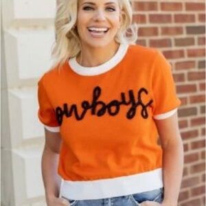 QUEEN OF SPARKLES Oklahoma State Cowboys Orange and Black Crew Neck Sweater